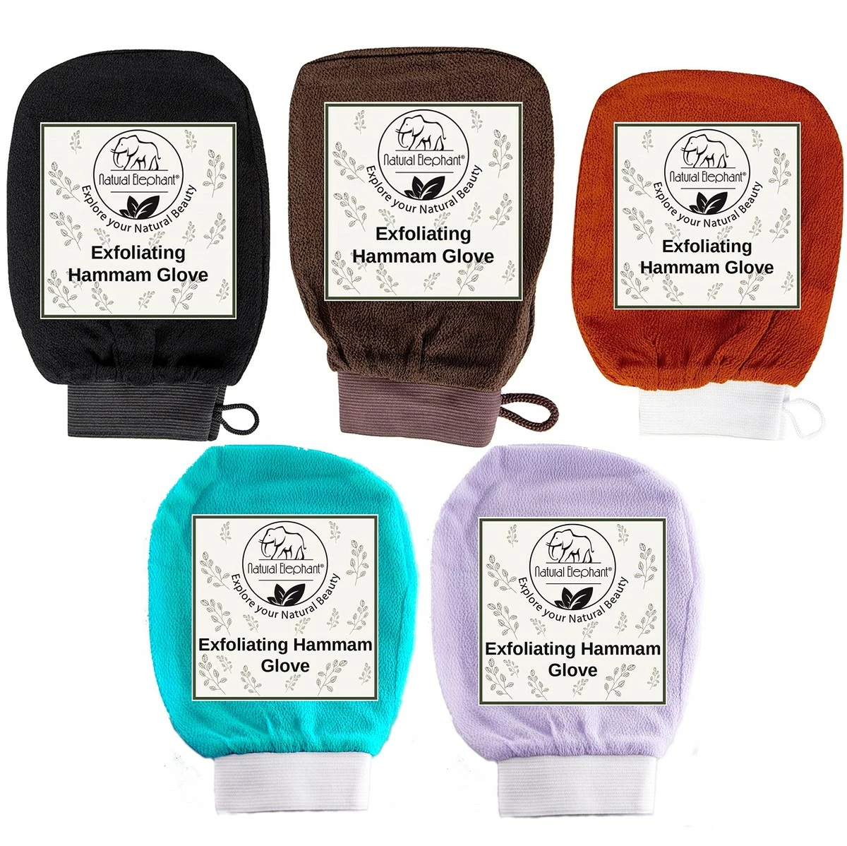 Natural Elephant Exfoliating Hammam Glove (Black, Lilac, Teal, Orange, And Brown (Pack Of 5)) 3 Natural Elephant Exfoliating Hammam Glove (Black, Lilac, Teal, Orange, And Brown (Pack Of 5))