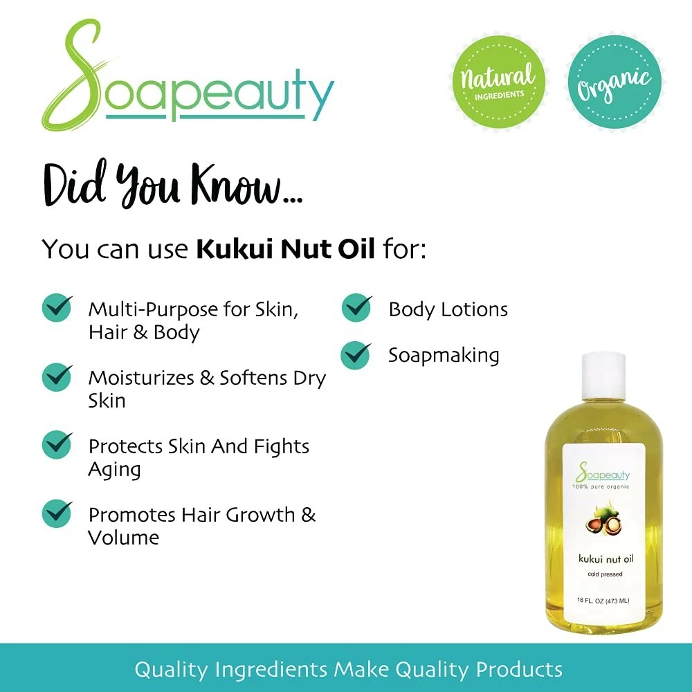 Soapeauty KUKUI NUT OIL Organic Cold Pressed Unrefined | 100% Natural Available In Bulk | Carrier For Essential Oils, Face, Skin, Hair Moisturizer, Soap Making | Sizes 2OZ To 7 LBS | (7 LBS) 6 Soapeauty KUKUI NUT OIL Organic Cold Pressed Unrefined | 100% Natural Available In Bulk | Carrier For Essential Oils, Face, Skin, Hair Moisturizer, Soap Making | Sizes 2OZ To 7 LBS | (7 LBS) - Image 4