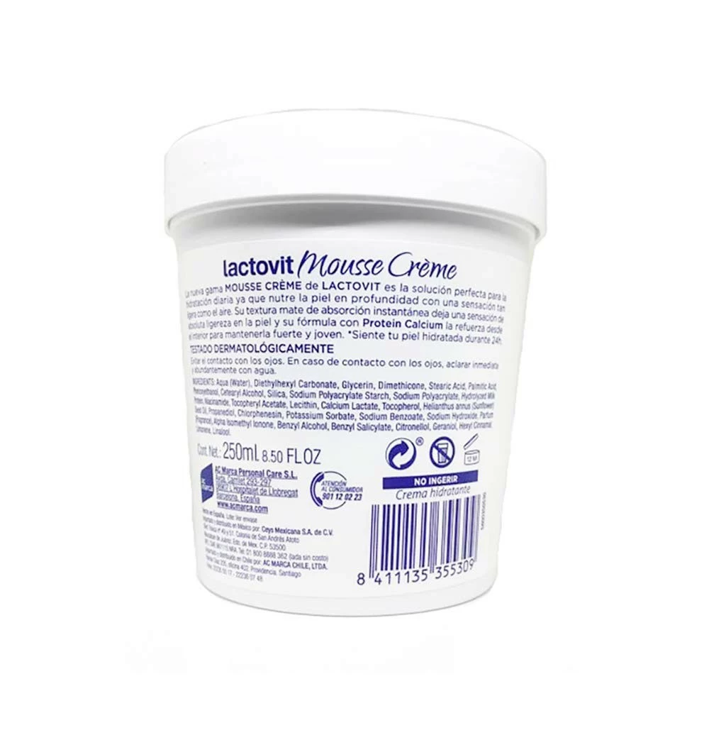 Lactovit Mousse Creme, Crema Hidratante Para La Cara Y El Cuerpo Para Piel Normal A Seca, Nutritiva Y Ligera, 8.5 Oz (250ml) 4 Lactovit Mousse Creme, Crema Hidratante Para La Cara Y El Cuerpo Para Piel Normal A Seca, Nutritiva Y Ligera, 8.5 Oz (250ml) - Image 2
