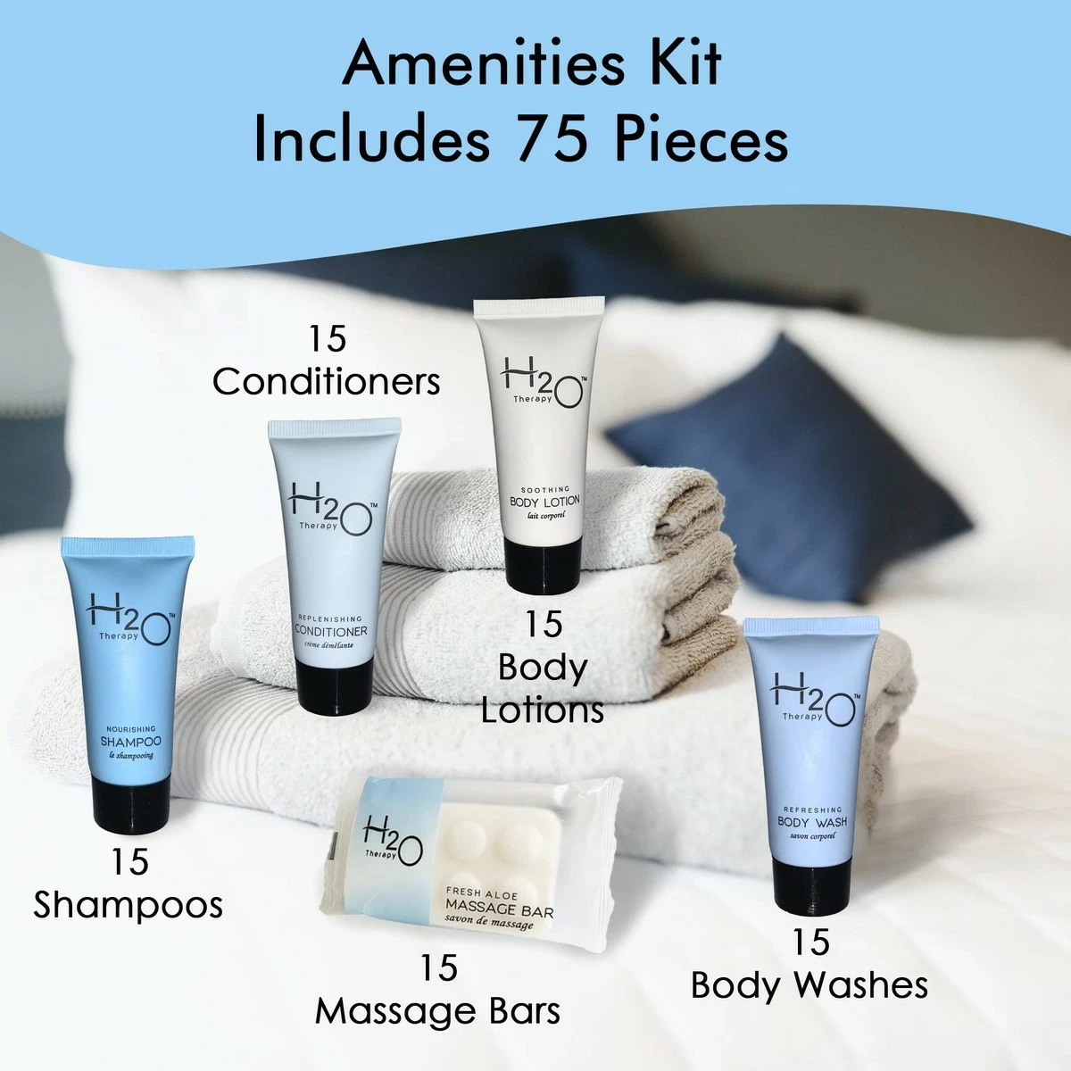 Hotel Size Toiletries Set | H2O Therapy All-In-Kit Amenities For Hotels, Airbnb & Rentals | .85 Oz Hotel Shampoo & Conditioner, Body Wash, Body Lotion & 1 Oz Bar Soap | 75 Piece Travel Kit 5 Hotel Size Toiletries Set | H2O Therapy All-In-Kit Amenities For Hotels, Airbnb & Rentals | .85 Oz Hotel Shampoo & Conditioner, Body Wash, Body Lotion & 1 Oz Bar Soap | 75 Piece Travel Kit - Image 3