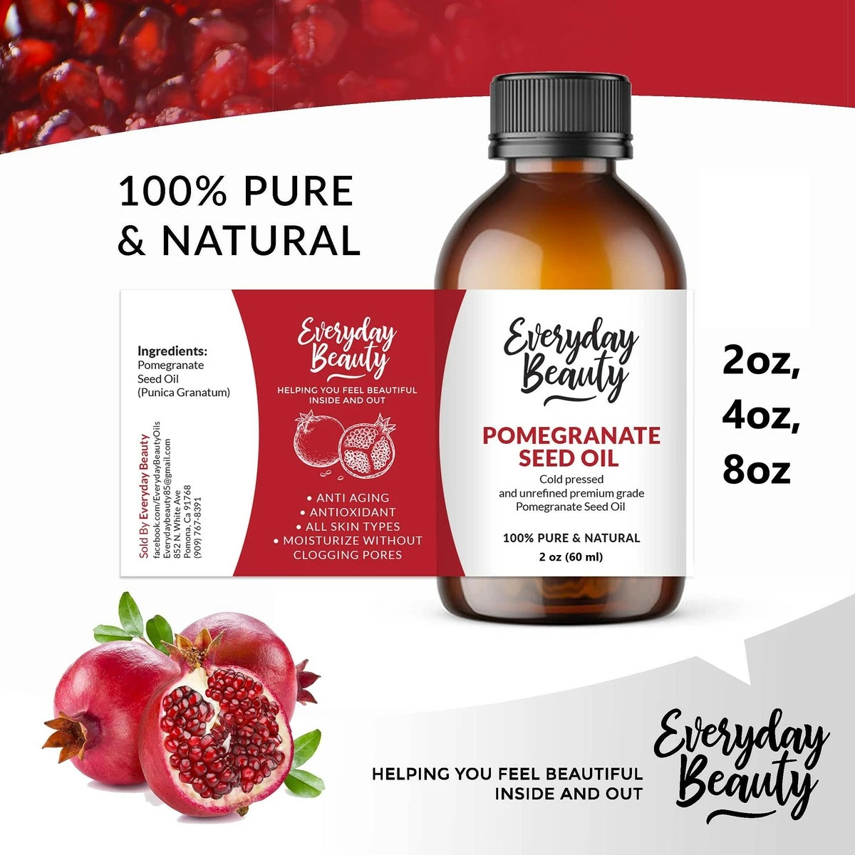 Everyday Beauty Helping You Feel Beautiful Inside And Out Store Pomegranate Seed Oil - 2oz - 100% Pure & Natural Cold Pressed And Unrefined Premium Grade Moisturizing Oil For Face, Skin And Hair 4 Everyday Beauty Helping You Feel Beautiful Inside And Out Store Pomegranate Seed Oil - 2oz - 100% Pure & Natural Cold Pressed And Unrefined Premium Grade Moisturizing Oil For Face, Skin And Hair - Image 2