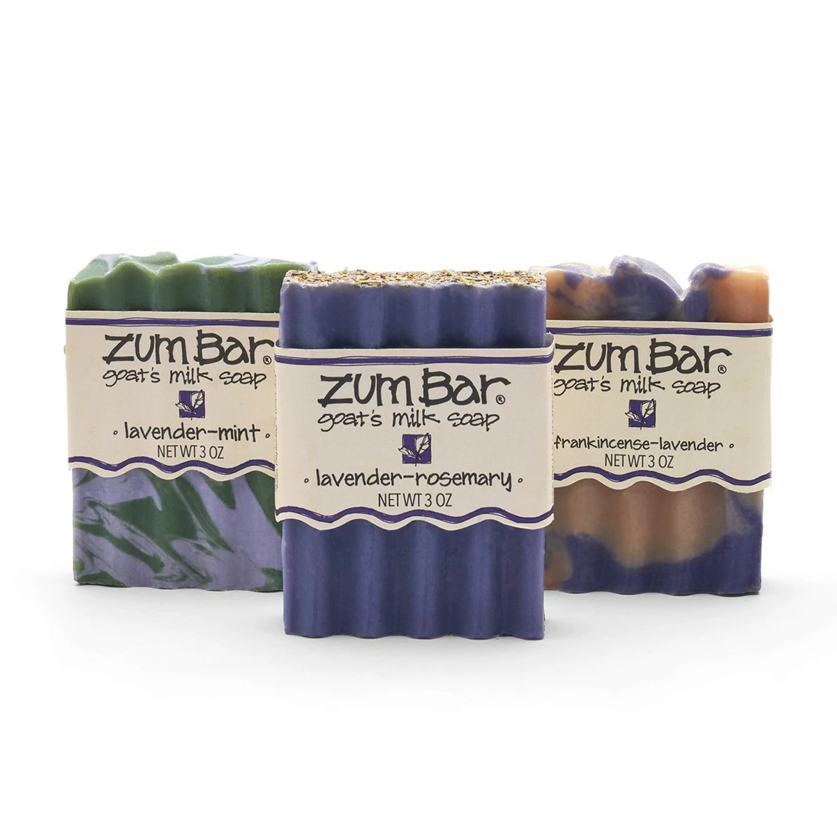 Indigo Wild Zum Bar Goat's Milk Soap - Lavender Blends - Frankincense-Lavender, Lavender-Rosemary, Lavender-Mint - 3 Oz (3 Pack) 3 Indigo Wild Zum Bar Goat's Milk Soap - Lavender Blends - Frankincense-Lavender, Lavender-Rosemary, Lavender-Mint - 3 Oz (3 Pack)