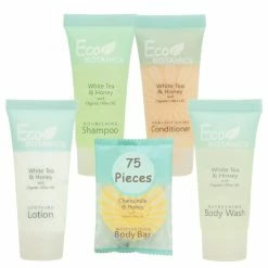 Terra Pure Eco Botanics Hotel Soaps And Toiletries Bulk Set | 1-Shoppe All-In-Kit Amenities For Hotels | 0.85oz Hotel Shampoo & Conditioner, Body Wash, Body Lotion & 0.89oz Bar Soap Travel Size | 75 Pieces