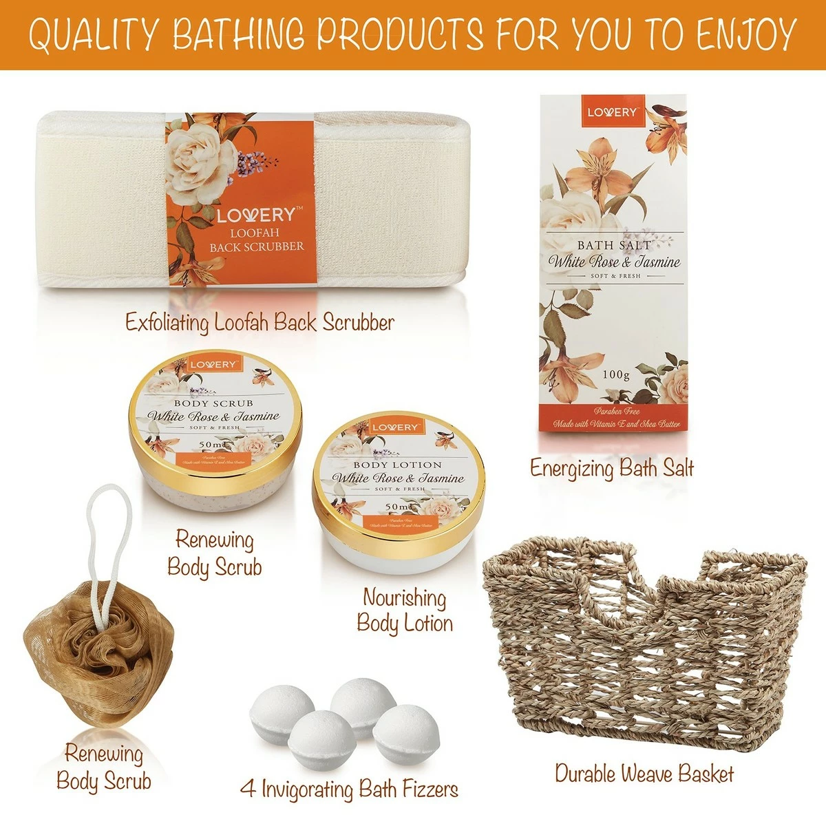 LOVERY Store Home Spa Gift Basket - White Rose & Jasmine - Luxury 11 Piece Bath & Body Set For Women, Christmas Gift With Shower Gel, Bubble Bath, Body Lotion, Scrub, Bath Salt, 4 Bath Bombs, Loofah & Basket 8 LOVERY Store Home Spa Gift Basket - White Rose & Jasmine - Luxury 11 Piece Bath & Body Set For Women, Christmas Gift With Shower Gel, Bubble Bath, Body Lotion, Scrub, Bath Salt, 4 Bath Bombs, Loofah & Basket - Image 6