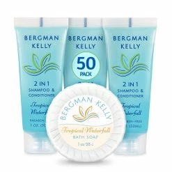 BERGMAN KELLY Round Soap Bars, 2in1 Shampoo & Conditioner 2-Piece Set (Tropical Waterfall, 1 Oz Each, 100 Pc), Delight Your Guests With Revitalizing & Refreshing Sanitary Toiletries & Hotel Amenities