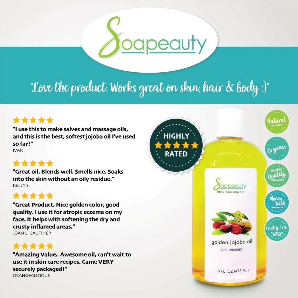 Soapeauty JOJOBA OIL Organic Cold Pressed Unrefined | 100% Pure Natural Golden Jojoba Oil | Carrier For Essential Oils, Moisturizer For Skin, Face & Hair, Massage, Soap Making | Sizes 4OZ To 1 GALLON | (64 OZ) 5 Soapeauty JOJOBA OIL Organic Cold Pressed Unrefined | 100% Pure Natural Golden Jojoba Oil | Carrier For Essential Oils, Moisturizer For Skin, Face & Hair, Massage, Soap Making | Sizes 4OZ To 1 GALLON | (64 OZ) - Image 3