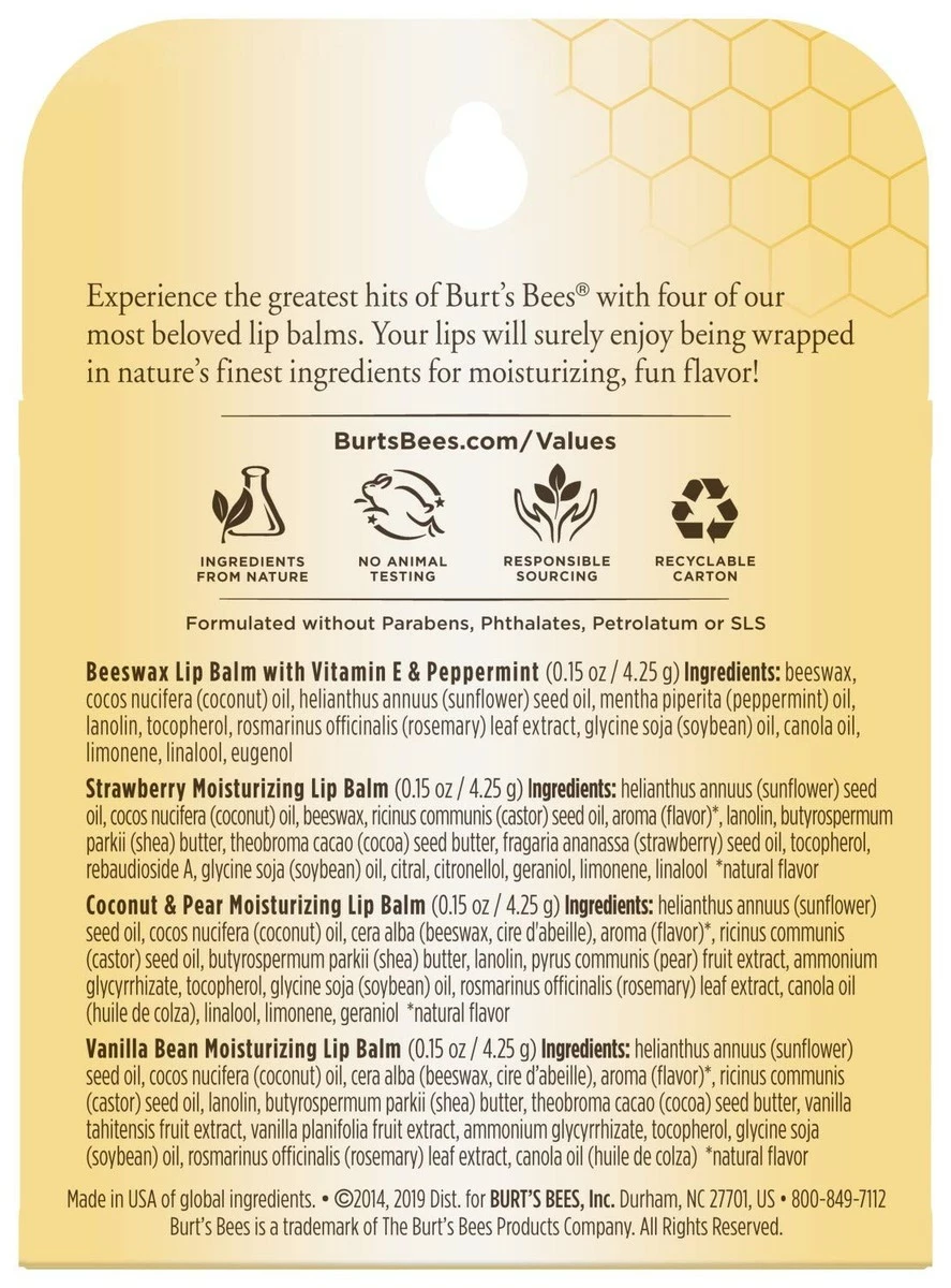 Burt's Bees Store Burt's Bees 100% Natural Origin Moisturizing Lip Balm, Multipack, Original Beeswax, Strawberry, Coconut & Pear And Vanilla Bean With Beeswax & Fruit Extracts, 4 Tubes 7 Burt's Bees Store Burt's Bees 100% Natural Origin Moisturizing Lip Balm, Multipack, Original Beeswax, Strawberry, Coconut & Pear And Vanilla Bean With Beeswax & Fruit Extracts, 4 Tubes - Image 5