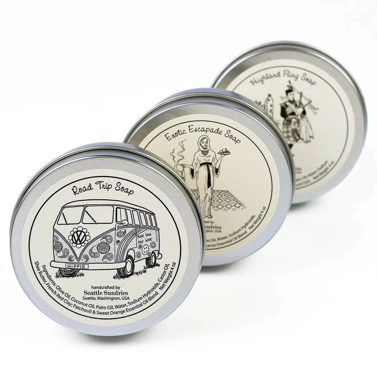 Adventure Soap Pack From Seattle Sundries: 100% Natural & Hand Made. Scented With Essential Oils. 3 Bars In Attractive Gift Tins. The Best Selection For Tourist Vacation Favorites. 3 Adventure Soap Pack From Seattle Sundries: 100% Natural & Hand Made. Scented With Essential Oils. 3 Bars In Attractive Gift Tins. The Best Selection For Tourist Vacation Favorites.