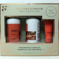 Crabtree & Evelyn Pomegranate & Argan Oil Shower Gel 8.4 FL OZ And Hand Cream .8 FL OZ 3-Pack Plus Micro Fiber Cleaning Cloth