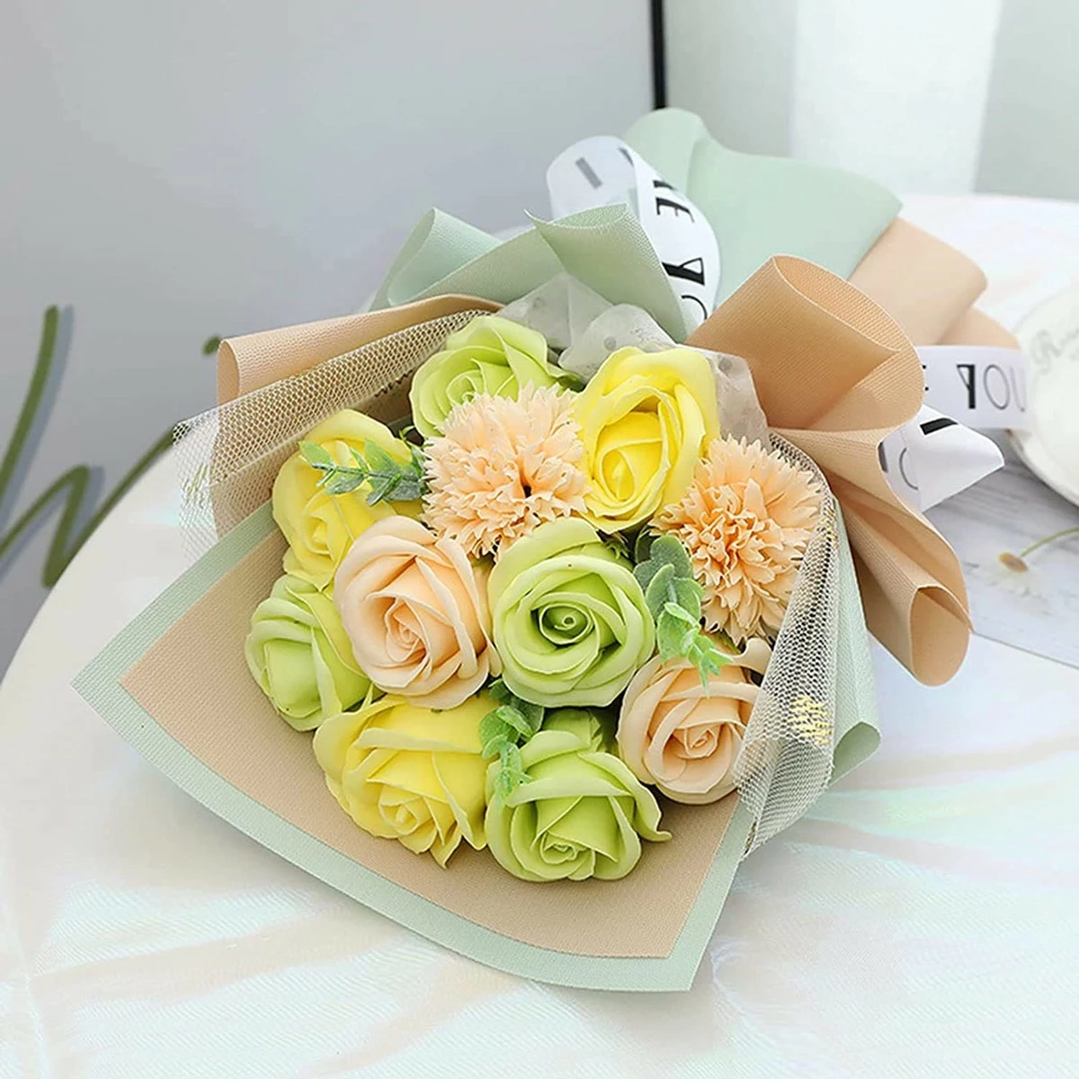 FRECI Artificial Soap Flower Bath Soap Rose Flower Scented Soap Bouquet For Mother Valentine's Day Party Wedding Decoration - Green 5 FRECI Artificial Soap Flower Bath Soap Rose Flower Scented Soap Bouquet For Mother Valentine's Day Party Wedding Decoration - Green - Image 3