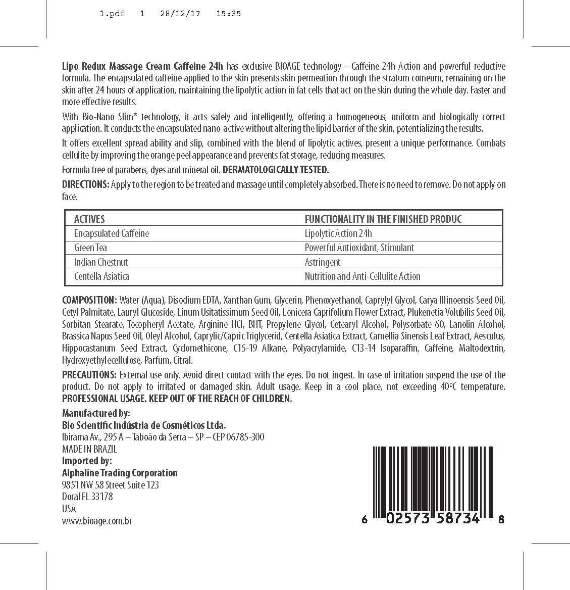 Bioage Skincare Solutions LIPOREDUX MASSAGE CAFFEIN 24 H 1Kg (35 OZ) Lipolytic Action 24h, Anti-Cellulite, Measurements Reduction DNA Technology, Intense Sliding 7 Bioage Skincare Solutions LIPOREDUX MASSAGE CAFFEIN 24 H 1Kg (35 OZ) Lipolytic Action 24h, Anti-Cellulite, Measurements Reduction DNA Technology, Intense Sliding - Image 5