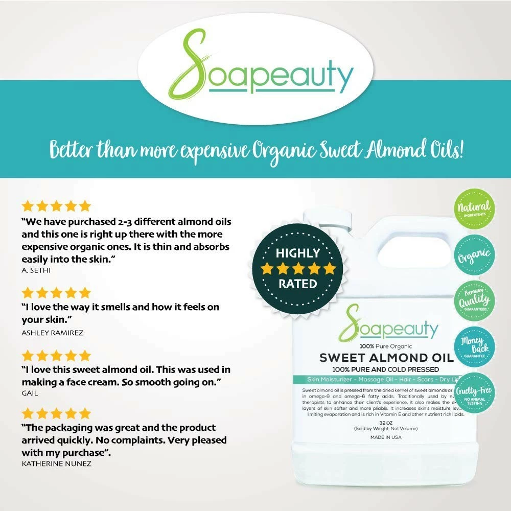 Soapeauty Store SWEET ALMOND OIL Organic Cold Pressed Unrefined | 100% Pure Natural Available In Bulk | Carrier For Essential Oils, Moisturizer For Skin, Face & Hair, Soap Making | Sizes 4OZ To 1 GALLON | (64 OZ) 5 Soapeauty Store SWEET ALMOND OIL Organic Cold Pressed Unrefined | 100% Pure Natural Available In Bulk | Carrier For Essential Oils, Moisturizer For Skin, Face & Hair, Soap Making | Sizes 4OZ To 1 GALLON | (64 OZ) - Image 3