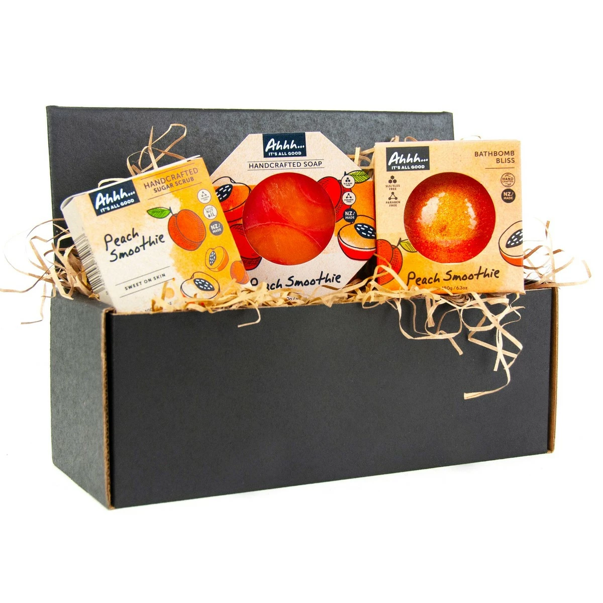 Ahhh Peach Gift Pack - Peach Smoothie Bath Bomb 180g, Peach Smoothie Soap Bar 120g, Peach Smoothie Sugar Scrub Bar 100g - Handcrafted In New Zealand Using Natural Ingredients 3 Ahhh Peach Gift Pack - Peach Smoothie Bath Bomb 180g, Peach Smoothie Soap Bar 120g, Peach Smoothie Sugar Scrub Bar 100g - Handcrafted In New Zealand Using Natural Ingredients