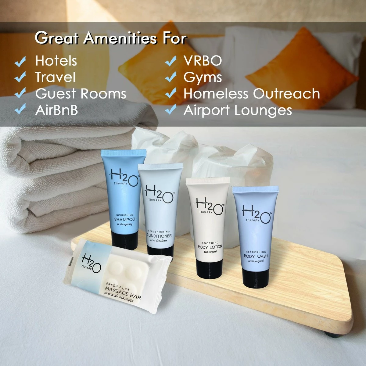 Hotel Size Toiletries Set | H2O Therapy All-In-Kit Amenities For Hotels, Airbnb & Rentals | .85 Oz Hotel Shampoo & Conditioner, Body Wash, Body Lotion & 1 Oz Bar Soap | 75 Piece Travel Kit 4 Hotel Size Toiletries Set | H2O Therapy All-In-Kit Amenities For Hotels, Airbnb & Rentals | .85 Oz Hotel Shampoo & Conditioner, Body Wash, Body Lotion & 1 Oz Bar Soap | 75 Piece Travel Kit - Image 2