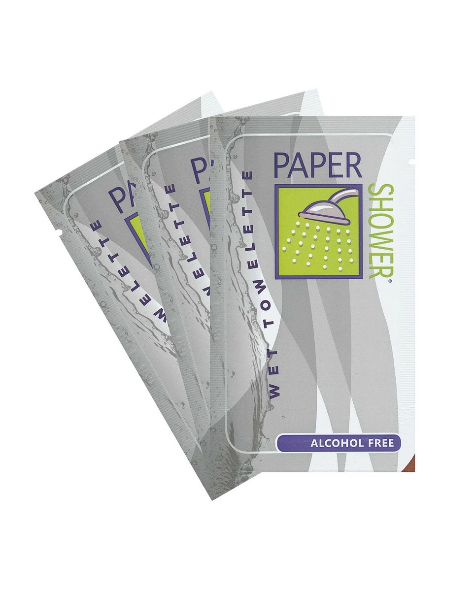 Paper Shower- Alcohol Free -NEW!- 100 Individual Body Wipe Packs -Wet Towelette Only- Per OrderOn Sale 3 Paper Shower- Alcohol Free -NEW!- 100 Individual Body Wipe Packs -Wet Towelette Only- Per OrderOn Sale