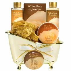Freida And Joe White Rose Jasmine Spa Set For Women Displayed In Elegant Gold Tub Includes Shower Gel, Bubble Bath, Body Lotion, Jasmine Bath Salt And Pouf, Award Winning Bath And Body Set