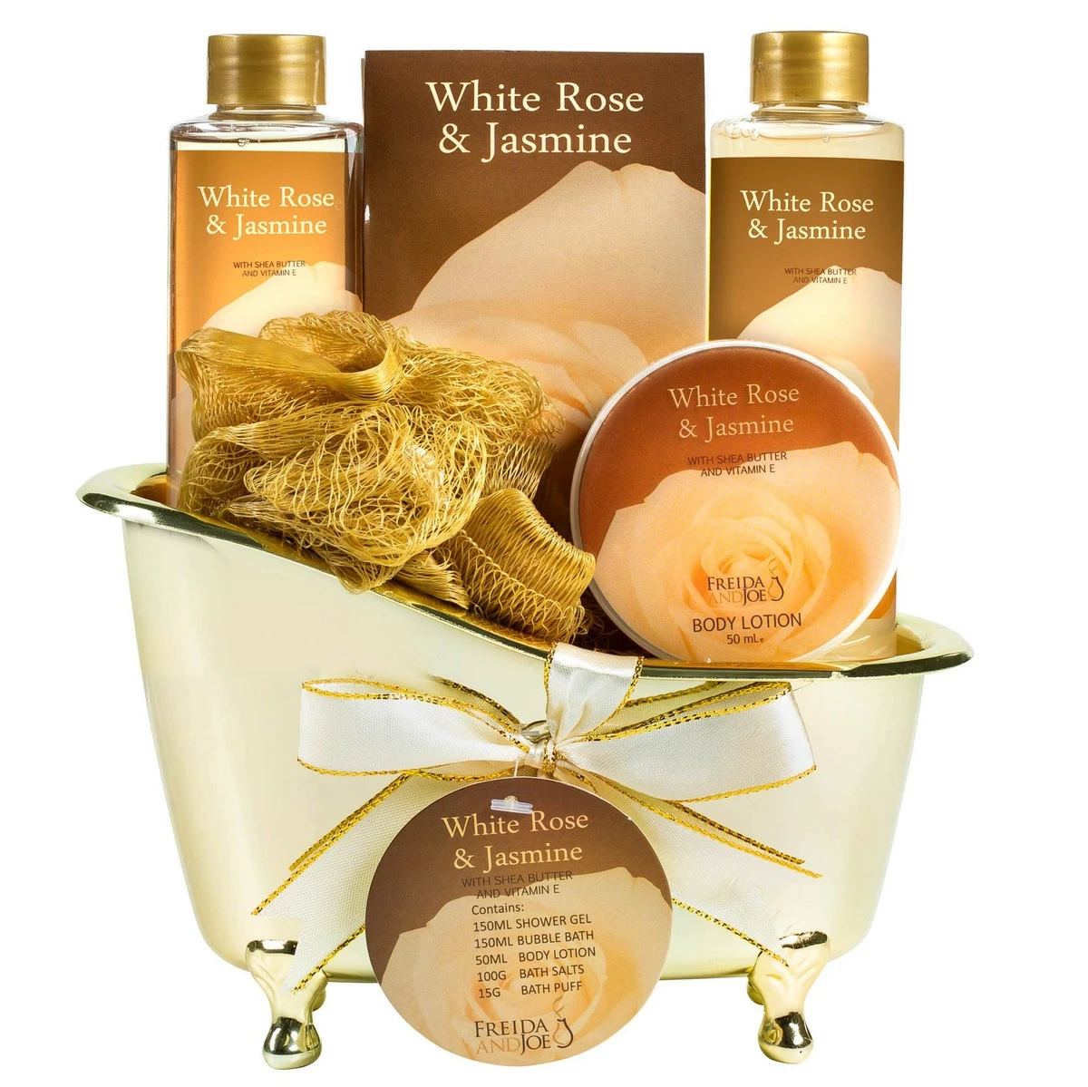 Freida And Joe White Rose Jasmine Spa Set For Women Displayed In Elegant Gold Tub Includes Shower Gel, Bubble Bath, Body Lotion, Jasmine Bath Salt And Pouf, Award Winning Bath And Body Set 3 Freida And Joe White Rose Jasmine Spa Set For Women Displayed In Elegant Gold Tub Includes Shower Gel, Bubble Bath, Body Lotion, Jasmine Bath Salt And Pouf, Award Winning Bath And Body Set