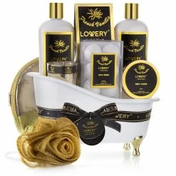 Lovery Bath Gift Basket Set For Women: Relaxing At Home Spa Kit Scented With French Vanilla - Includes Bath Bombs, Salts, Shower Gel, Body Butter Lotion, Spa Candle, Cosmetic Bag, Loofah & More