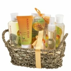 Freida And Joe Aromatic Autumn Mango-Pear Home Spa Experience: Women’s Fall Season Set Features Shower Gel, Bubble Bath, Bath Salt, Body Lotion, Body Spray, And Bath Fizzer In Delicate Woven Basket