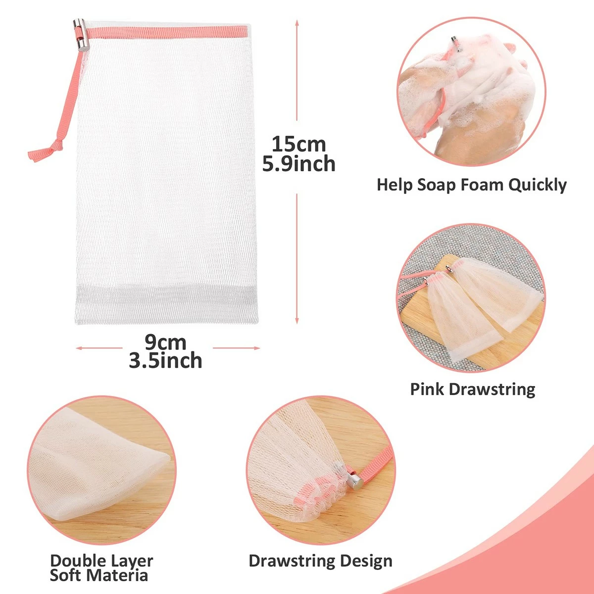 Cobahom Store Cobahom 6 Pcs Mesh Soap Bag Mesh Foaming Net Soap Sack Bags Soap Handmade Soap Bubble Mesh Net Bags With Drawstring For Bath & Shower(Pink) 5 Cobahom Store Cobahom 6 Pcs Mesh Soap Bag Mesh Foaming Net Soap Sack Bags Soap Handmade Soap Bubble Mesh Net Bags With Drawstring For Bath & Shower(Pink) - Image 3