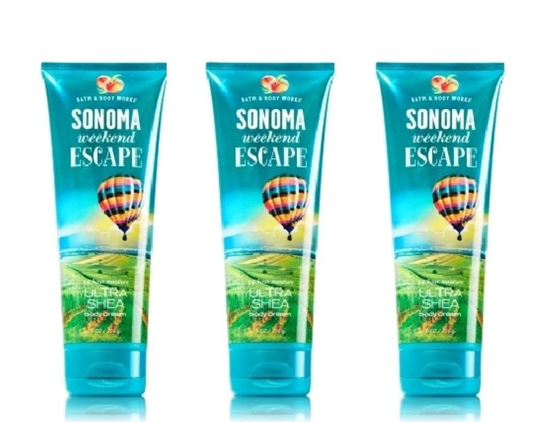Lot Of 3 Bath & Body Works Sonoma Weekend Escape 24 Hour Ultra Moisture Body Cream 8 Fl Oz Each (Sonoma Weekend Escape) 3 Lot Of 3 Bath & Body Works Sonoma Weekend Escape 24 Hour Ultra Moisture Body Cream 8 Fl Oz Each (Sonoma Weekend Escape)