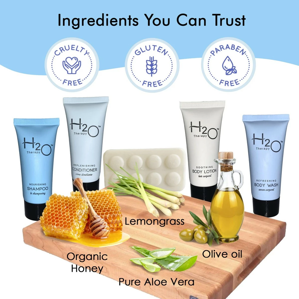 Hotel Size Toiletries Set | H2O Therapy All-In-Kit Amenities For Hotels, Airbnb & Rentals | .85 Oz Hotel Shampoo & Conditioner, Body Wash, Body Lotion & 1 Oz Bar Soap | 75 Piece Travel Kit 6 Hotel Size Toiletries Set | H2O Therapy All-In-Kit Amenities For Hotels, Airbnb & Rentals | .85 Oz Hotel Shampoo & Conditioner, Body Wash, Body Lotion & 1 Oz Bar Soap | 75 Piece Travel Kit - Image 4