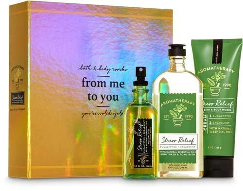 Bath & Body Works Bath And Body Works Aromatherapy Stress Relief EUCALYPTUS SPEARMINT FROM ME TO YOU Gift Box - 3 Pc GIFT SET Arranged In An Iridescent Gold Gift With A Ribbon. 3 Bath & Body Works Bath And Body Works Aromatherapy Stress Relief EUCALYPTUS SPEARMINT FROM ME TO YOU Gift Box - 3 Pc GIFT SET Arranged In An Iridescent Gold Gift With A Ribbon.