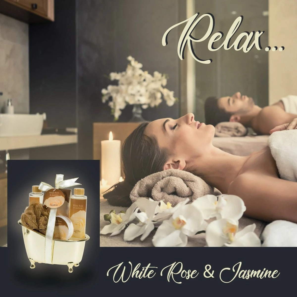 Freida And Joe White Rose Jasmine Spa Set For Women Displayed In Elegant Gold Tub Includes Shower Gel, Bubble Bath, Body Lotion, Jasmine Bath Salt And Pouf, Award Winning Bath And Body Set 7 Freida And Joe White Rose Jasmine Spa Set For Women Displayed In Elegant Gold Tub Includes Shower Gel, Bubble Bath, Body Lotion, Jasmine Bath Salt And Pouf, Award Winning Bath And Body Set - Image 5