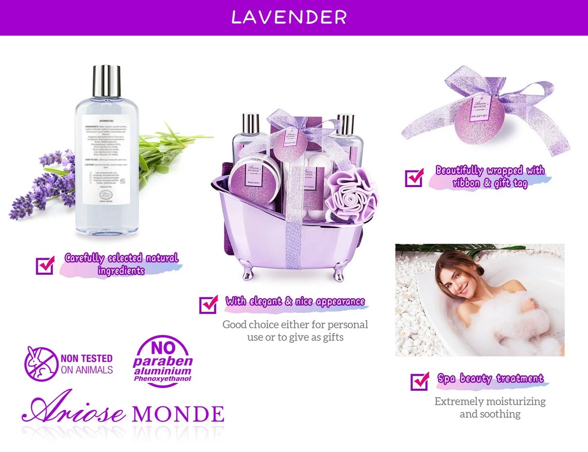 ArioseMonde Bath Spa Basket Gift Set, Bath & Body Set For Women & Men,Lavender Scent, Includes Body Lotion, Shower Gel, Bath Salts, Bubble Bath, Bath Fizzers,Bath Oil, Loofah Back Scrubber, Bath Tub, 10 Pcs 5 ArioseMonde Bath Spa Basket Gift Set, Bath & Body Set For Women & Men,Lavender Scent, Includes Body Lotion, Shower Gel, Bath Salts, Bubble Bath, Bath Fizzers,Bath Oil, Loofah Back Scrubber, Bath Tub, 10 Pcs - Image 3