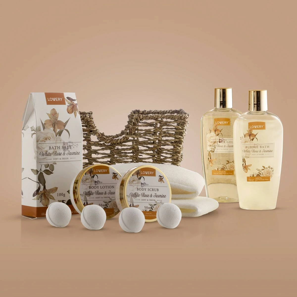 LOVERY Store Home Spa Gift Basket - White Rose & Jasmine - Luxury 11 Piece Bath & Body Set For Women, Christmas Gift With Shower Gel, Bubble Bath, Body Lotion, Scrub, Bath Salt, 4 Bath Bombs, Loofah & Basket 4 LOVERY Store Home Spa Gift Basket - White Rose & Jasmine - Luxury 11 Piece Bath & Body Set For Women, Christmas Gift With Shower Gel, Bubble Bath, Body Lotion, Scrub, Bath Salt, 4 Bath Bombs, Loofah & Basket - Image 2