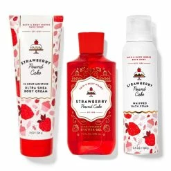 Bath And Body Works Strawberry Pound Cake Body Cream Shower Gel Whipped Bath Foam Gift Set