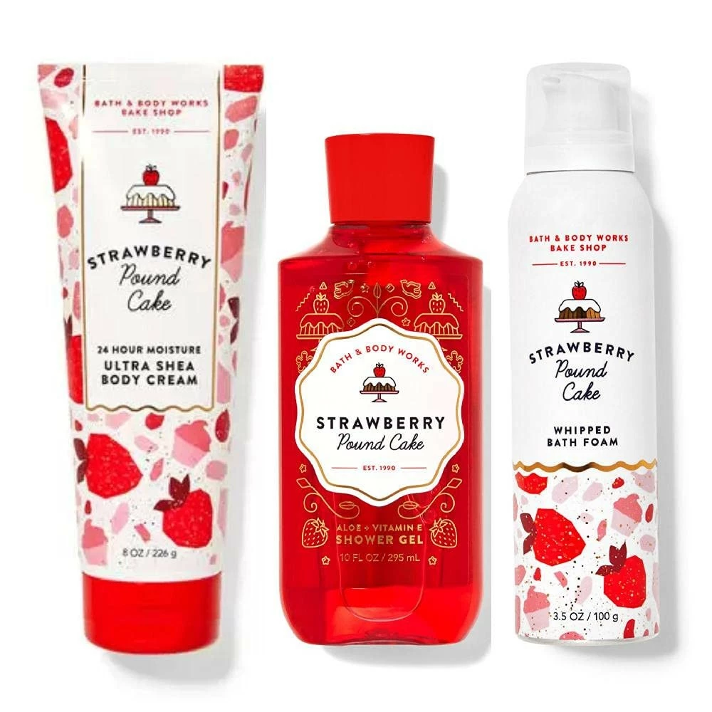 Bath And Body Works Strawberry Pound Cake Body Cream Shower Gel Whipped Bath Foam Gift Set 3 Bath And Body Works Strawberry Pound Cake Body Cream Shower Gel Whipped Bath Foam Gift Set