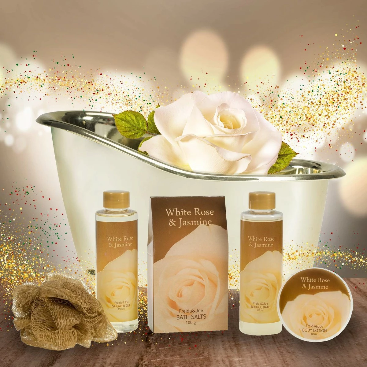 Freida And Joe White Rose Jasmine Spa Set For Women Displayed In Elegant Gold Tub Includes Shower Gel, Bubble Bath, Body Lotion, Jasmine Bath Salt And Pouf, Award Winning Bath And Body Set 4 Freida And Joe White Rose Jasmine Spa Set For Women Displayed In Elegant Gold Tub Includes Shower Gel, Bubble Bath, Body Lotion, Jasmine Bath Salt And Pouf, Award Winning Bath And Body Set - Image 2