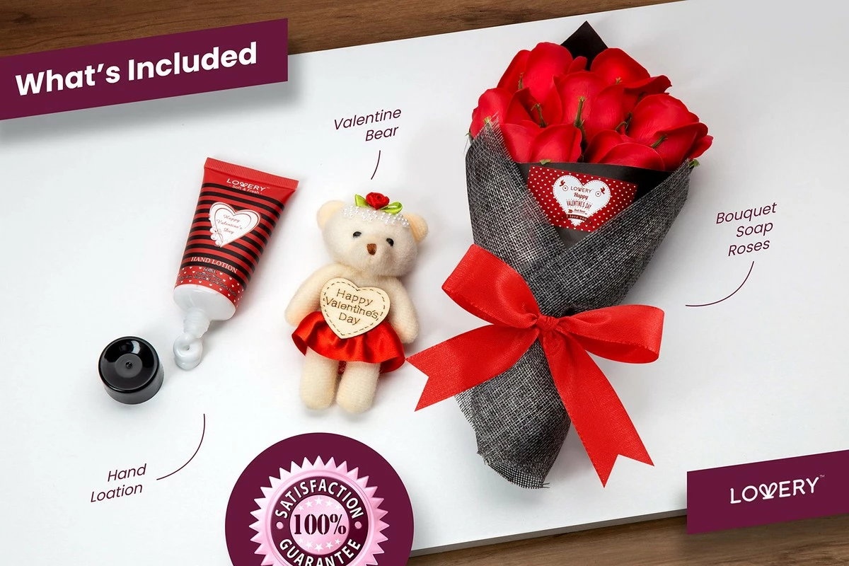 LOVERY Store Valentine's Bath And Body Gift Baskets For Women, Spa Bath Gift Basket - Lovely Red Rose & Jasmine Scent - Plant Essential Oil, With Floral Bouqet Of Soaps, Hand Lotion & Valentine Cuddly Stuffed Bear 5 LOVERY Store Valentine's Bath And Body Gift Baskets For Women, Spa Bath Gift Basket - Lovely Red Rose & Jasmine Scent - Plant Essential Oil, With Floral Bouqet Of Soaps, Hand Lotion & Valentine Cuddly Stuffed Bear - Image 3