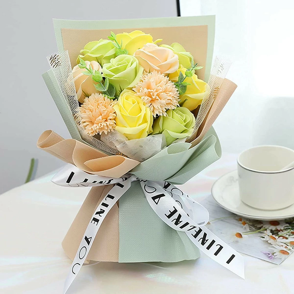 FRECI Artificial Soap Flower Bath Soap Rose Flower Scented Soap Bouquet For Mother Valentine's Day Party Wedding Decoration - Green 6 FRECI Artificial Soap Flower Bath Soap Rose Flower Scented Soap Bouquet For Mother Valentine's Day Party Wedding Decoration - Green - Image 4