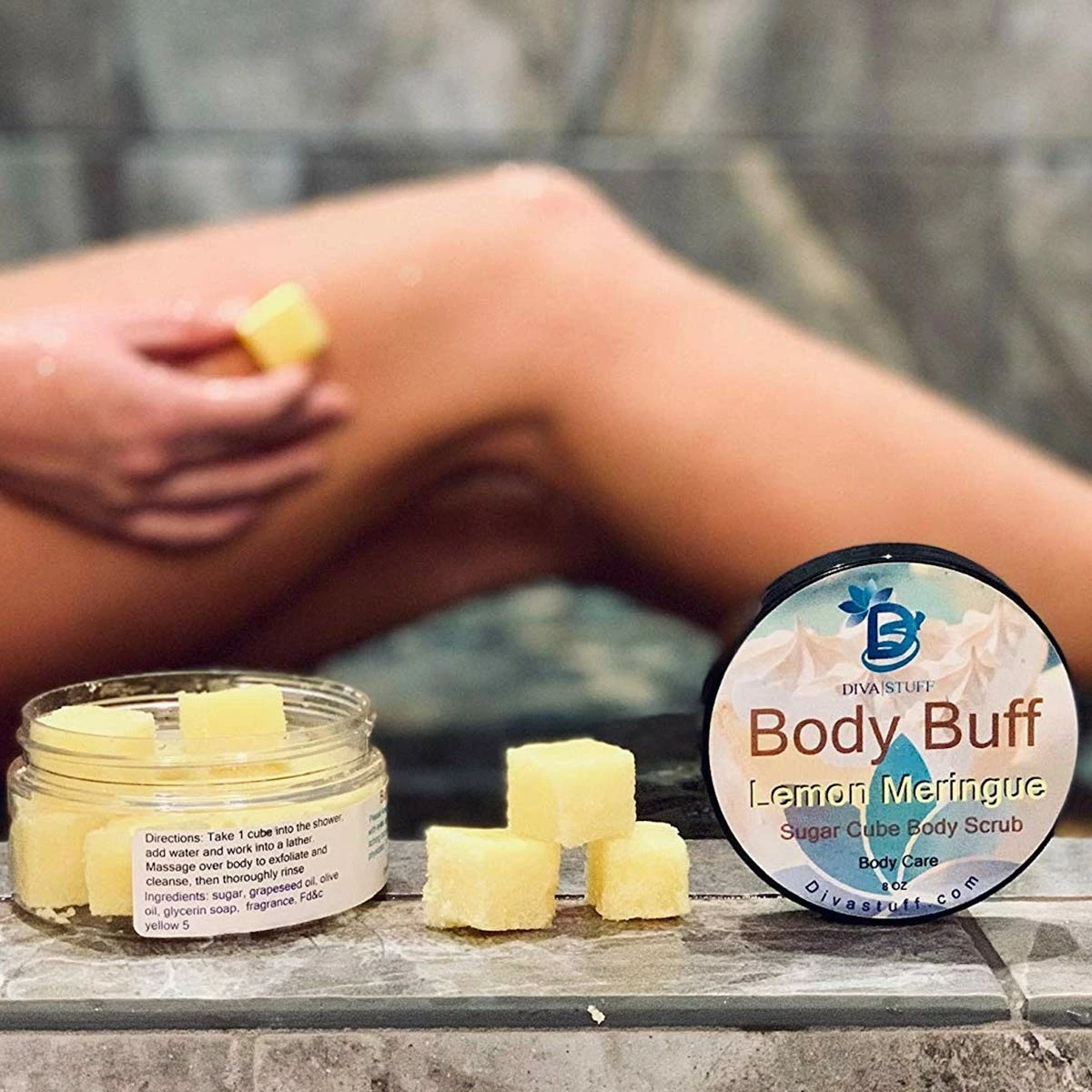 Diva Stuff Store Diva Stuff Sugar Cube Body Buff Scrub, Exfoliates And Hydrates Skin, Pairs With Our Crepey Skin Cream - Lemon Meringue, 8 Oz (Made In The USA) 4 Diva Stuff Store Diva Stuff Sugar Cube Body Buff Scrub, Exfoliates And Hydrates Skin, Pairs With Our Crepey Skin Cream - Lemon Meringue, 8 Oz (Made In The USA) - Image 2