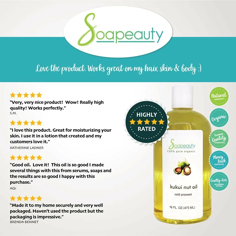 Soapeauty KUKUI NUT OIL Organic Cold Pressed Unrefined | 100% Natural Available In Bulk | Carrier For Essential Oils, Face, Skin, Hair Moisturizer, Soap Making | Sizes 2OZ To 7 LBS | (7 LBS) 5 Soapeauty KUKUI NUT OIL Organic Cold Pressed Unrefined | 100% Natural Available In Bulk | Carrier For Essential Oils, Face, Skin, Hair Moisturizer, Soap Making | Sizes 2OZ To 7 LBS | (7 LBS) - Image 3