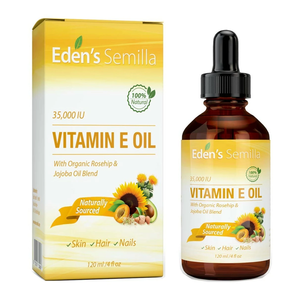 Eden's Semilla 100% Plant Extract Vitamin E Oil 35,000 IU + Organic Rosehip & Jojoba Blend - 4 OZ Bottle. FAST Absorbing Skin Protection For Face & Body. Pure Ingredients - Ideal For Sensitive Skin - Use Daily 3 Eden's Semilla 100% Plant Extract Vitamin E Oil 35,000 IU + Organic Rosehip & Jojoba Blend - 4 OZ Bottle. FAST Absorbing Skin Protection For Face & Body. Pure Ingredients - Ideal For Sensitive Skin - Use Daily