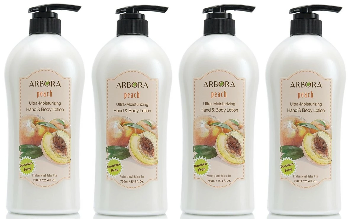 ARBORA Hand & Body Lotion PEACH 25.4OZ/750ML Paraben Free Natural Ultra-Moisturizing, Professional Massage Lotion Original From Korea, Pack Of 4 3 ARBORA Hand & Body Lotion PEACH 25.4OZ/750ML Paraben Free Natural Ultra-Moisturizing, Professional Massage Lotion Original From Korea, Pack Of 4