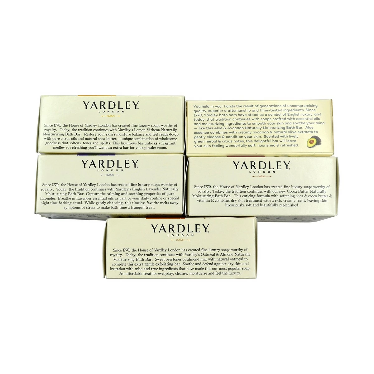 Yardley London Soap Bath Bar Bundle - 5 Bars: English Lavender, Oatmeal And Almond, Aloe And Avocado, Cocoa Butter, Lemon Verbena 4.25 Ounce Bars (Pack Of 5 Bars, One Of Each) 5 Yardley London Soap Bath Bar Bundle - 5 Bars: English Lavender, Oatmeal And Almond, Aloe And Avocado, Cocoa Butter, Lemon Verbena 4.25 Ounce Bars (Pack Of 5 Bars, One Of Each) - Image 3
