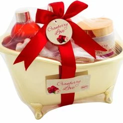 BRUBAKER 6 Pcs Gift Set 'Cranberry Love' Beauty Spa Set With Golden Bathtub, Bath Fizzer, Bubble Bath, Shower Gel, Bath Salt, Soap