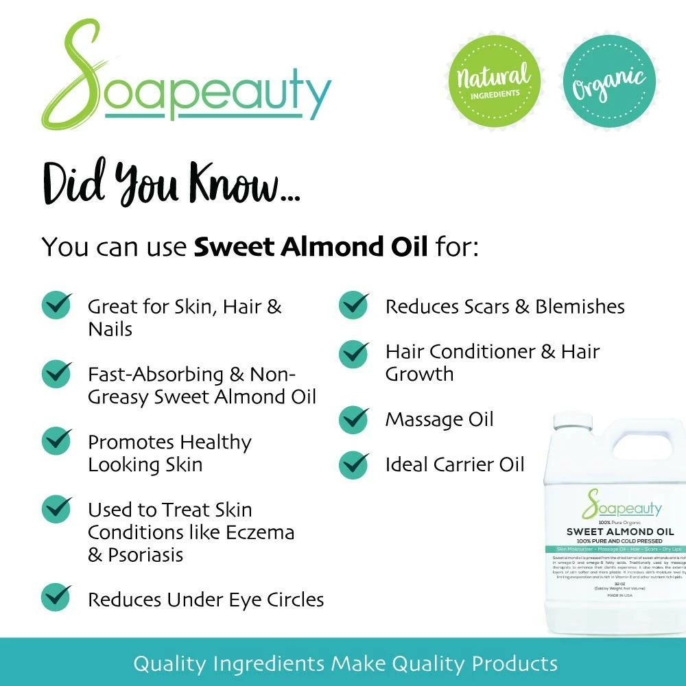 Soapeauty Store SWEET ALMOND OIL Organic Cold Pressed Unrefined | 100% Pure Natural Available In Bulk | Carrier For Essential Oils, Moisturizer For Skin, Face & Hair, Soap Making | Sizes 4OZ To 1 GALLON | (64 OZ) 6 Soapeauty Store SWEET ALMOND OIL Organic Cold Pressed Unrefined | 100% Pure Natural Available In Bulk | Carrier For Essential Oils, Moisturizer For Skin, Face & Hair, Soap Making | Sizes 4OZ To 1 GALLON | (64 OZ) - Image 4